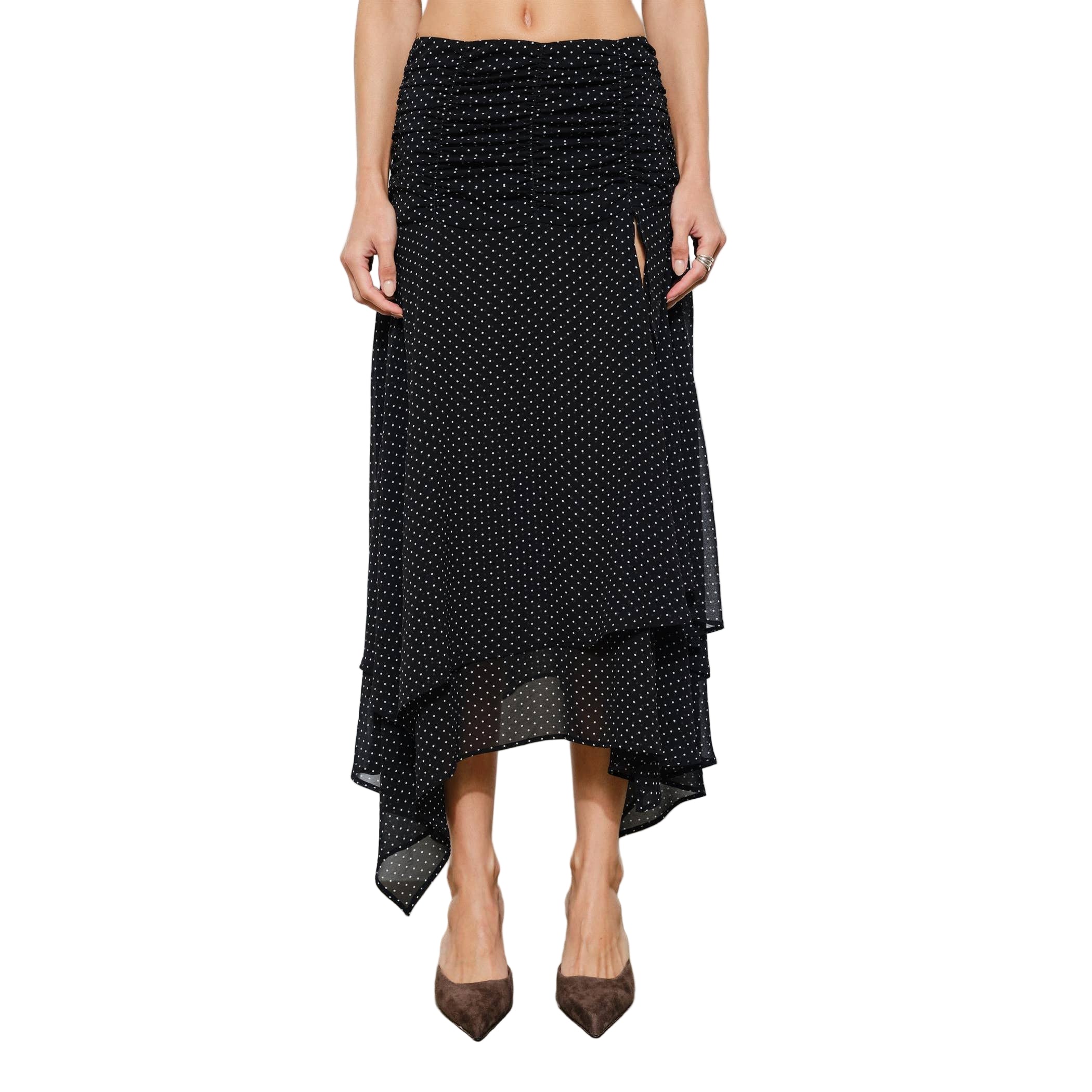 Liora Ruched Asymmetrical Scarf Hem Maxi Skirt