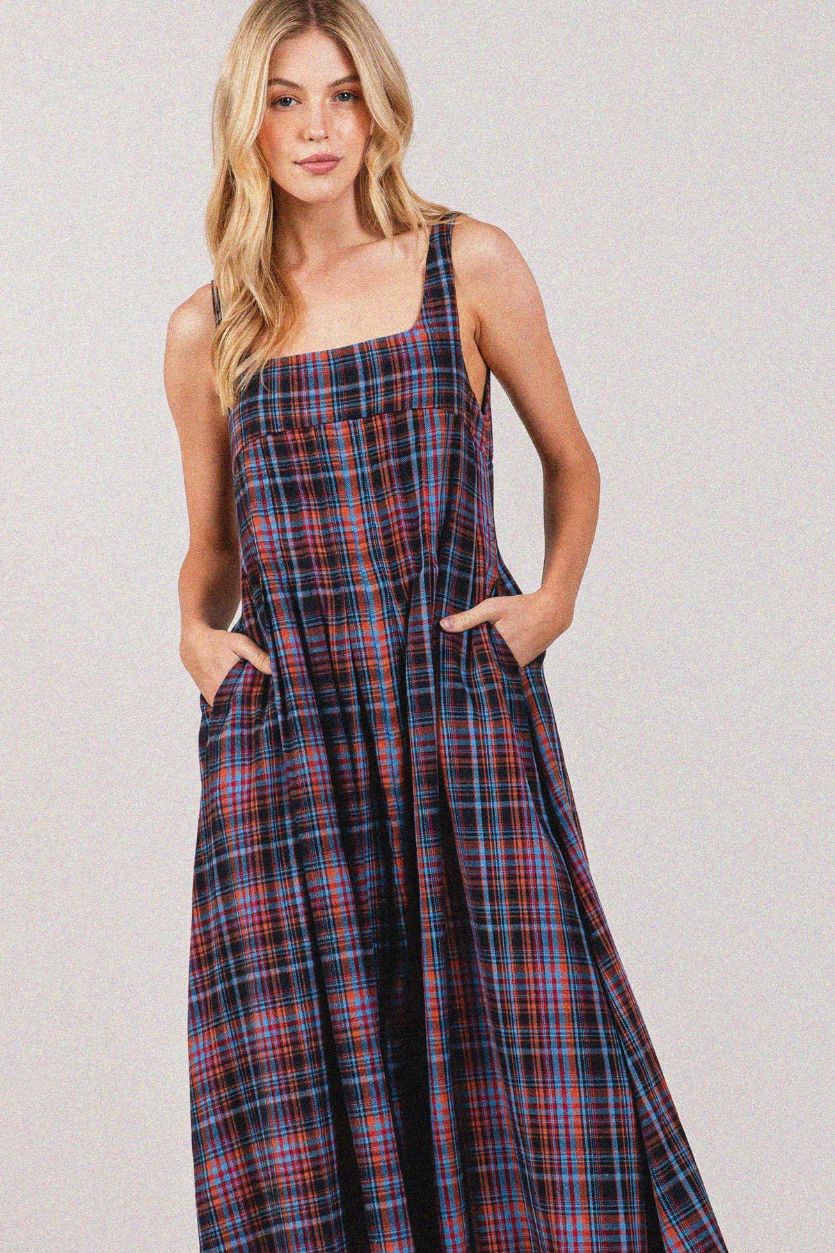 Plaid Cotton Square neck Smocking Back Midi Dress