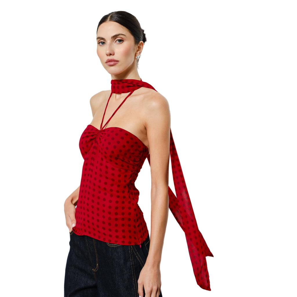 Corinne Red Polka Dot Chiffon Halter Top w/ Scarf