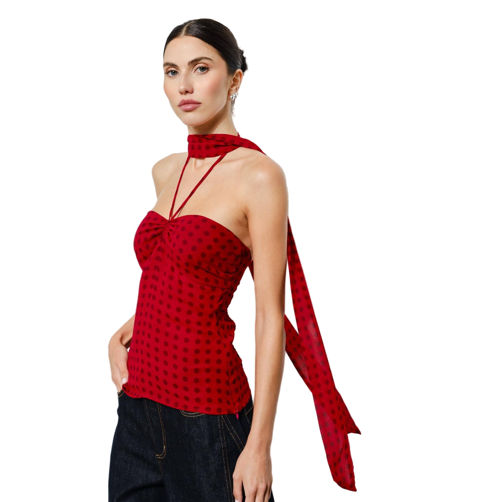 Corinne Red Polka Dot Chiffon Halter Top w/ Scarf