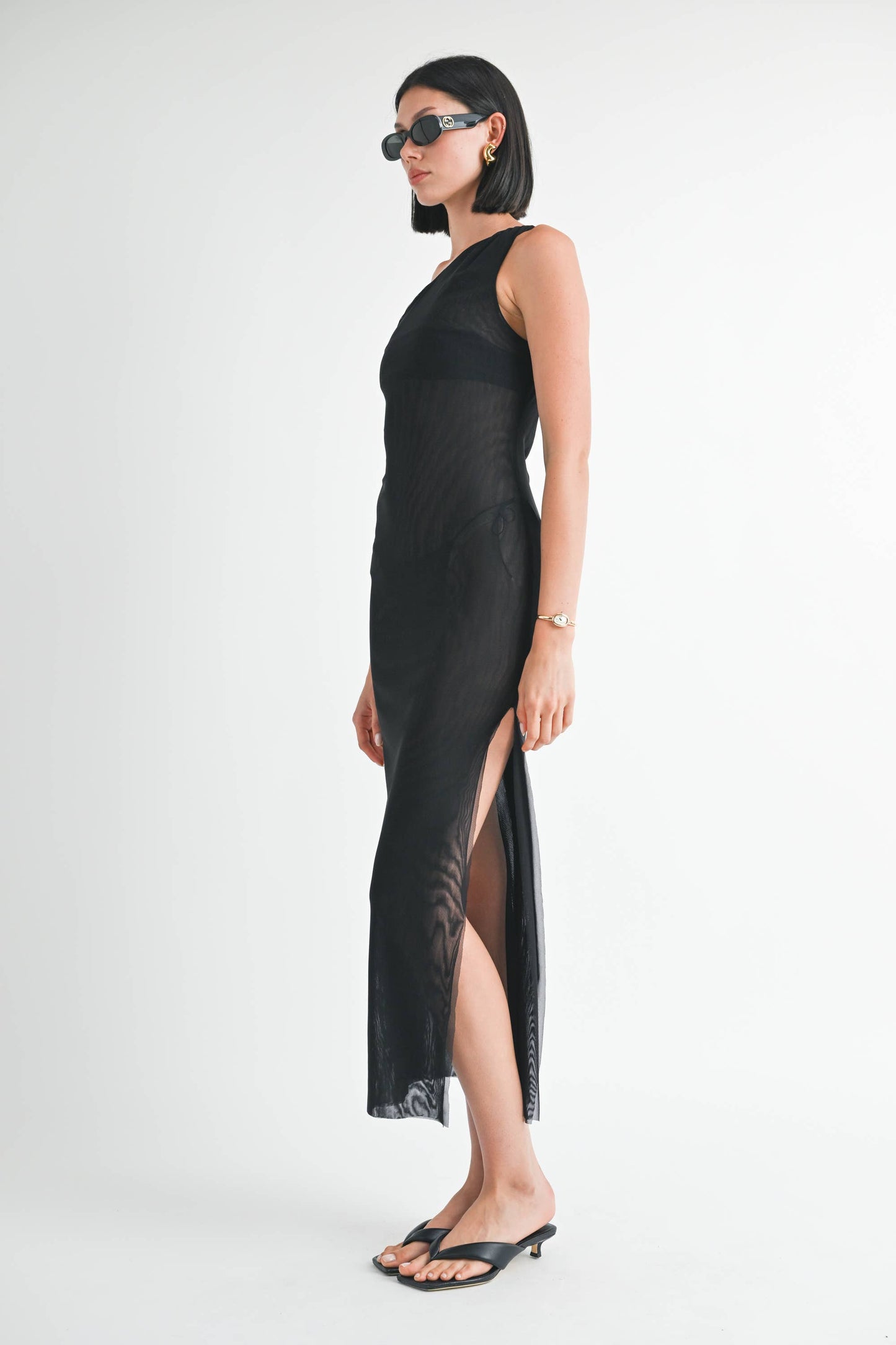 ASYMMETRICAL MESH MAXI DRESS