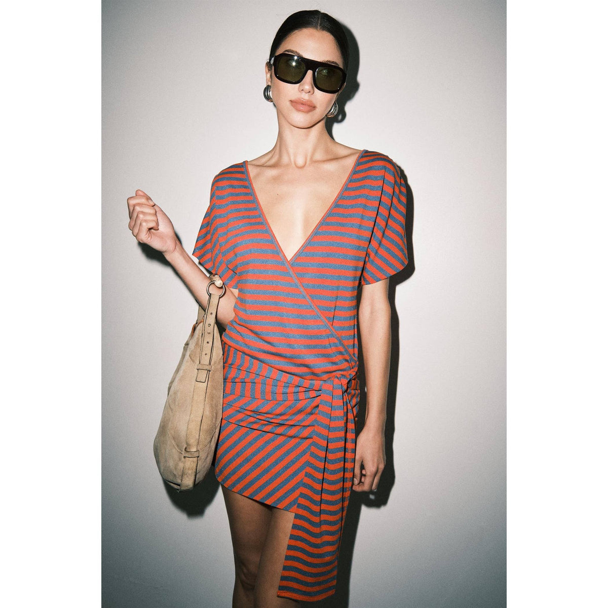 Gabriette Striped Knit Wrap Front Dolman Sleeve Mini Dress